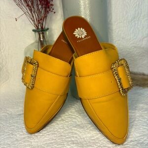 Yellow Box Tan Yellow Loafer Mules | Pointed Toe Flats Wicker Buckle | 7